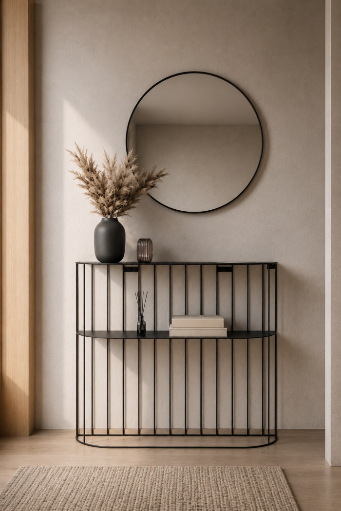 Konsola metalowa Aeris ażurowa z półkami - lekki stolik konsolowy
