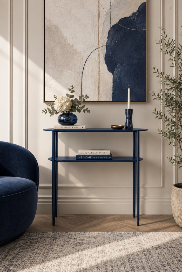 Konsola metalowa Luna Mini na zwężanych nogach - elegancki stolik konsolowy